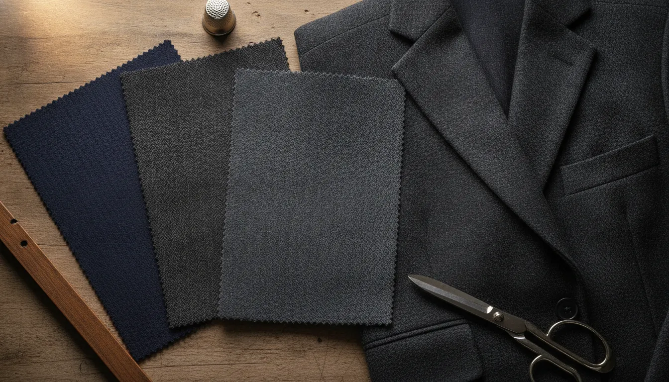Tailor discussing custom suit fabric and wardrobe planning