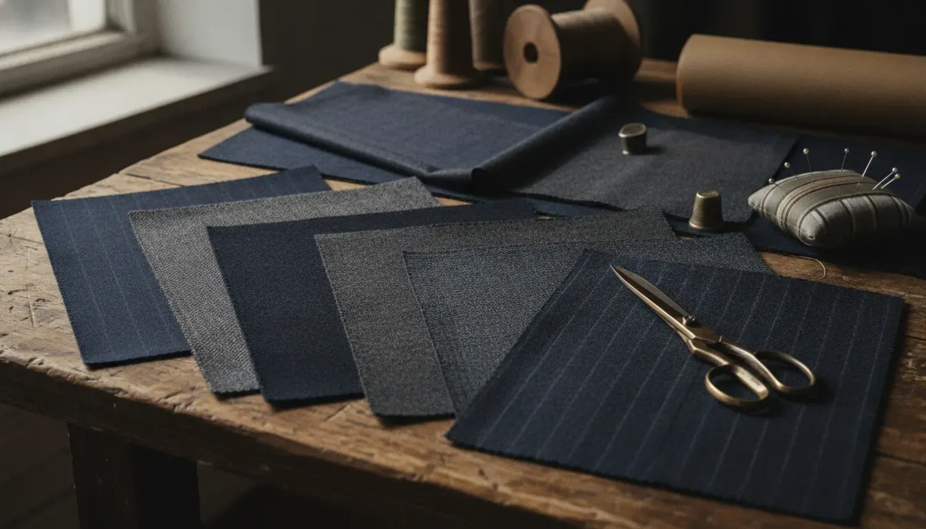 Navy and charcoal wool fabric swatches for an Atelier Munro suit