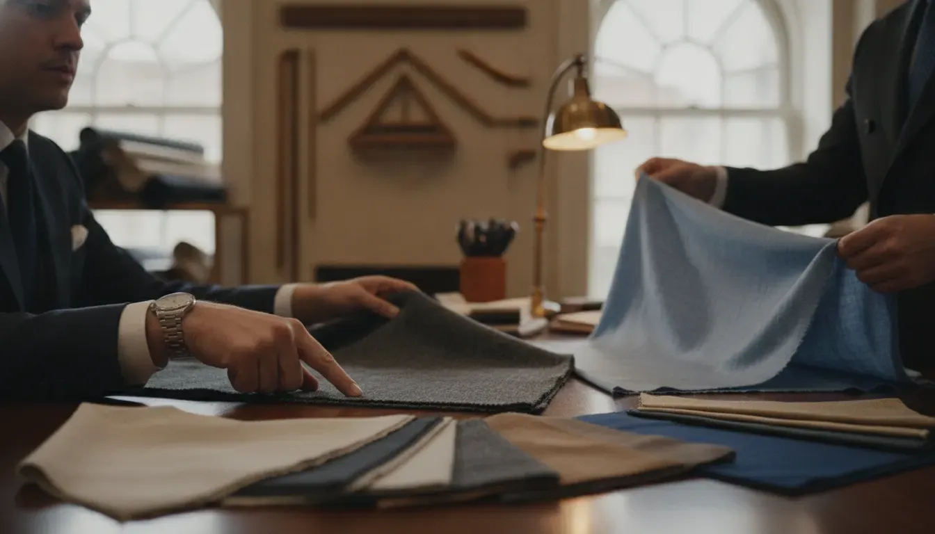 Wool fabric swatches selected during a Columbus made to measure suit consultation