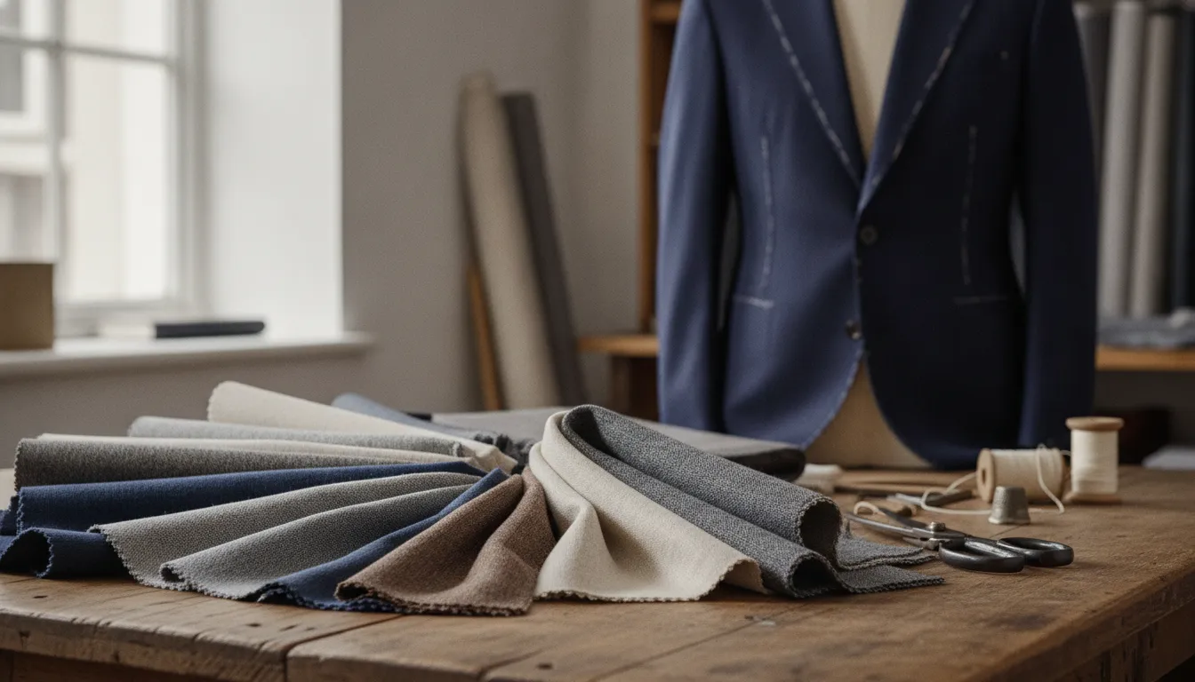 Selection of custom suit fabrics in varied textures and colors