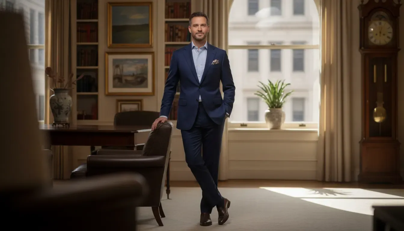 Client wearing a finished navy Atelier Munro suit in a refined interior
