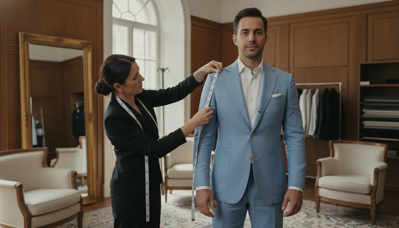 Tailored summer suit fitting with attention to shoulder and proportions