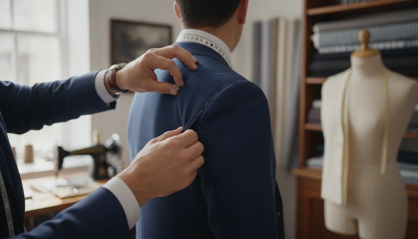 Professional reviewing the fit and role of a tailored navy suit