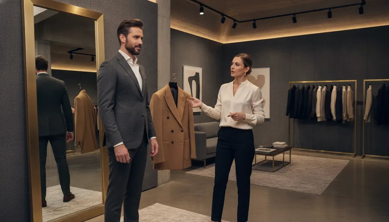 Tailor assessing garment fit and proportions during a style consultation