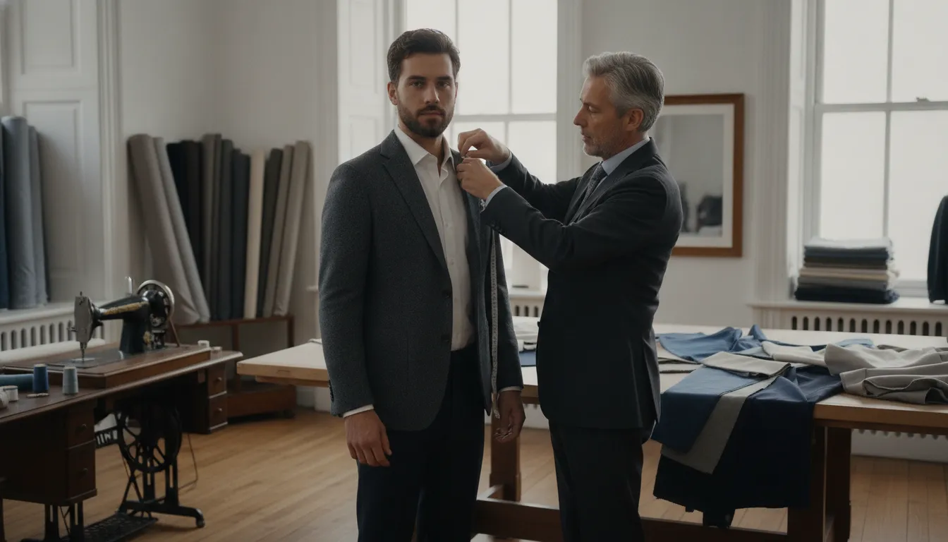 Tailored black tuxedo jacket in a fitting setting
