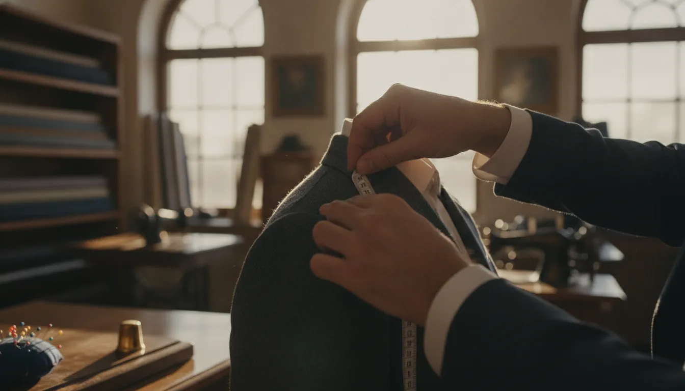 Clothier checking a client's suit fit during a professional fitting