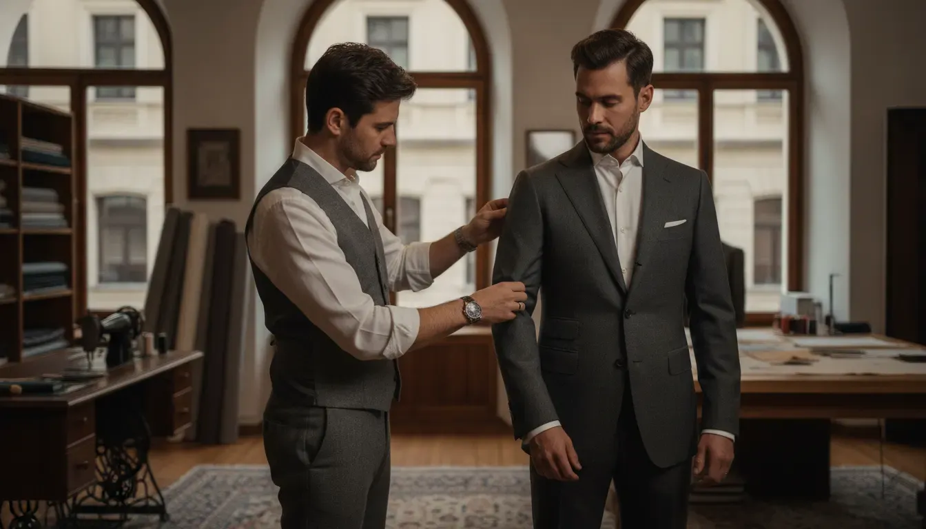 Tailor checking sleeve length during a Columbus made to measure suit fitting