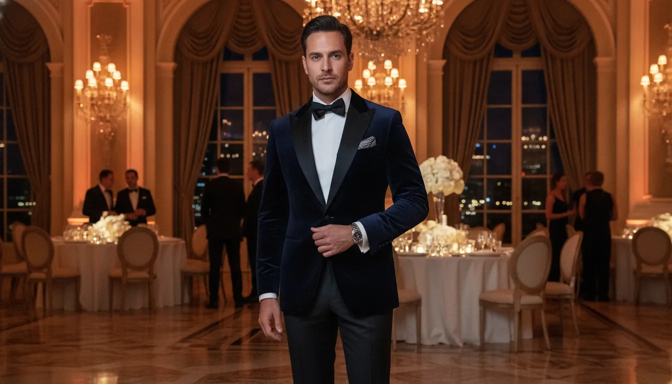Man in a tailored midnight navy tuxedo at a charity gala