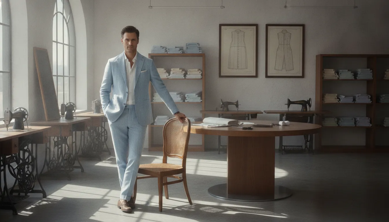 Man reviewing summer suit fabric and fit details with a tailor