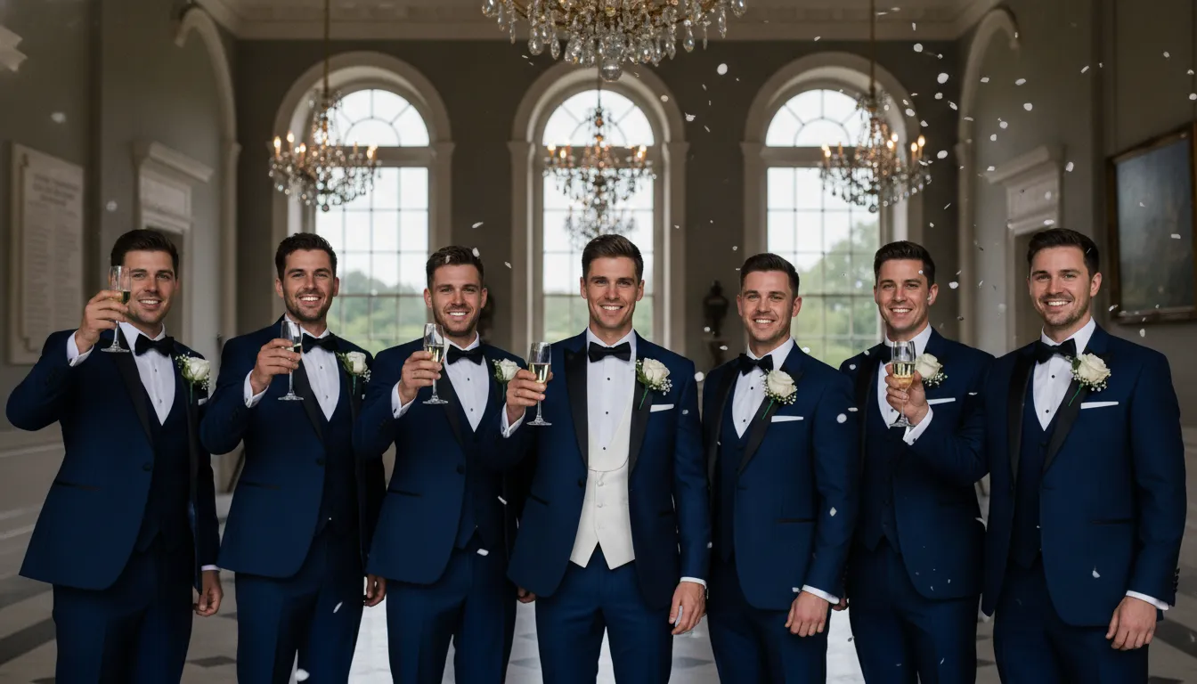 A groom with his groomsmen in coordinated custom tuxedos at an elegant wedding venue