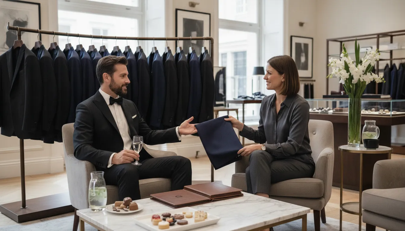 Groom reviewing tuxedo styles with a personal stylist in a relaxed consultation