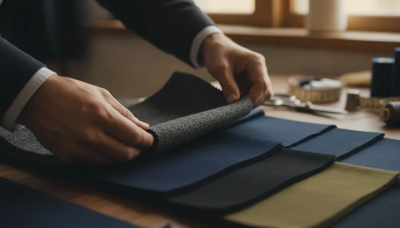 A tailor selecting rich wool tuxedo fabrics from a swatch book in the atelier