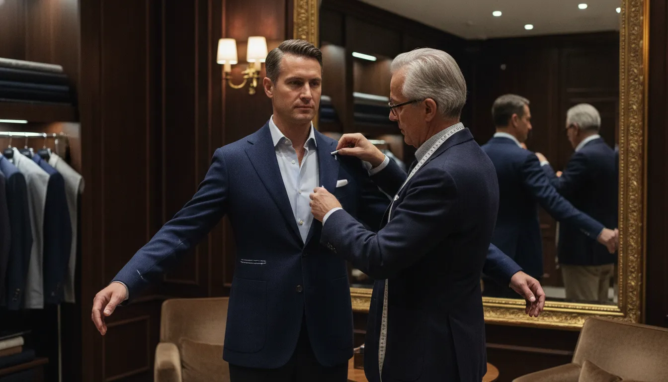 Tailor fitting a client for a custom blazer