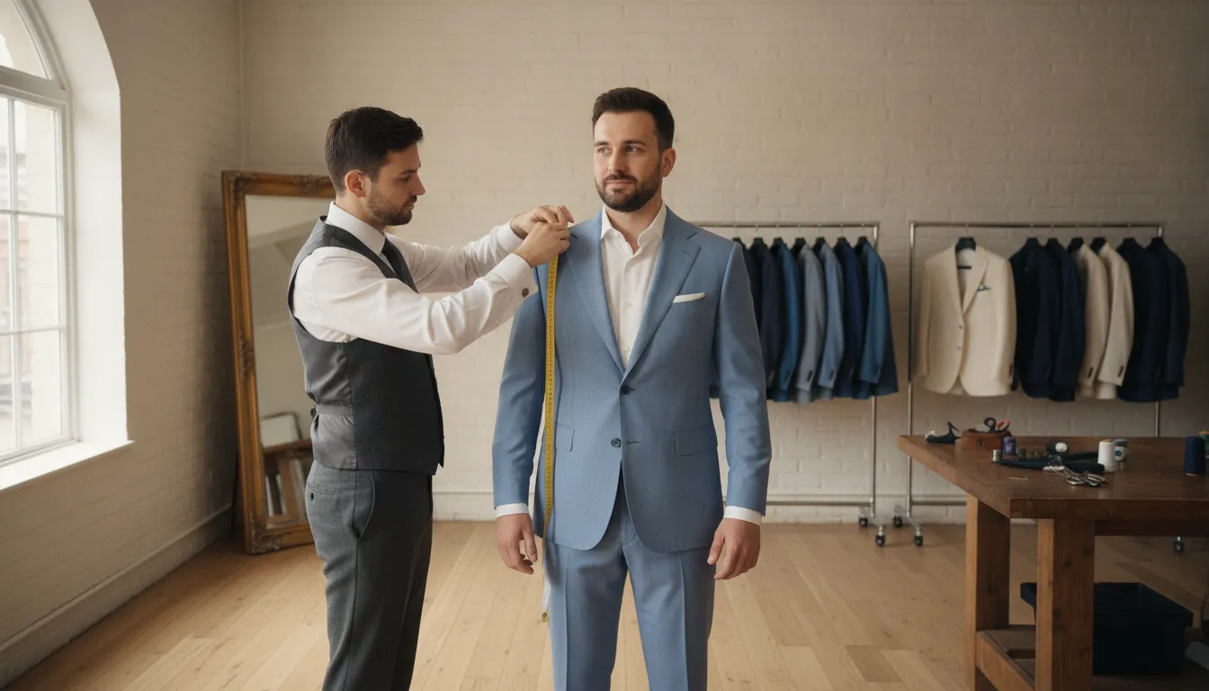 A tailor taking precise shoulder measurements of a groom in a bright fitting studio