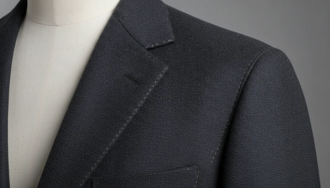 Close detail of a custom blazer lapel and construction