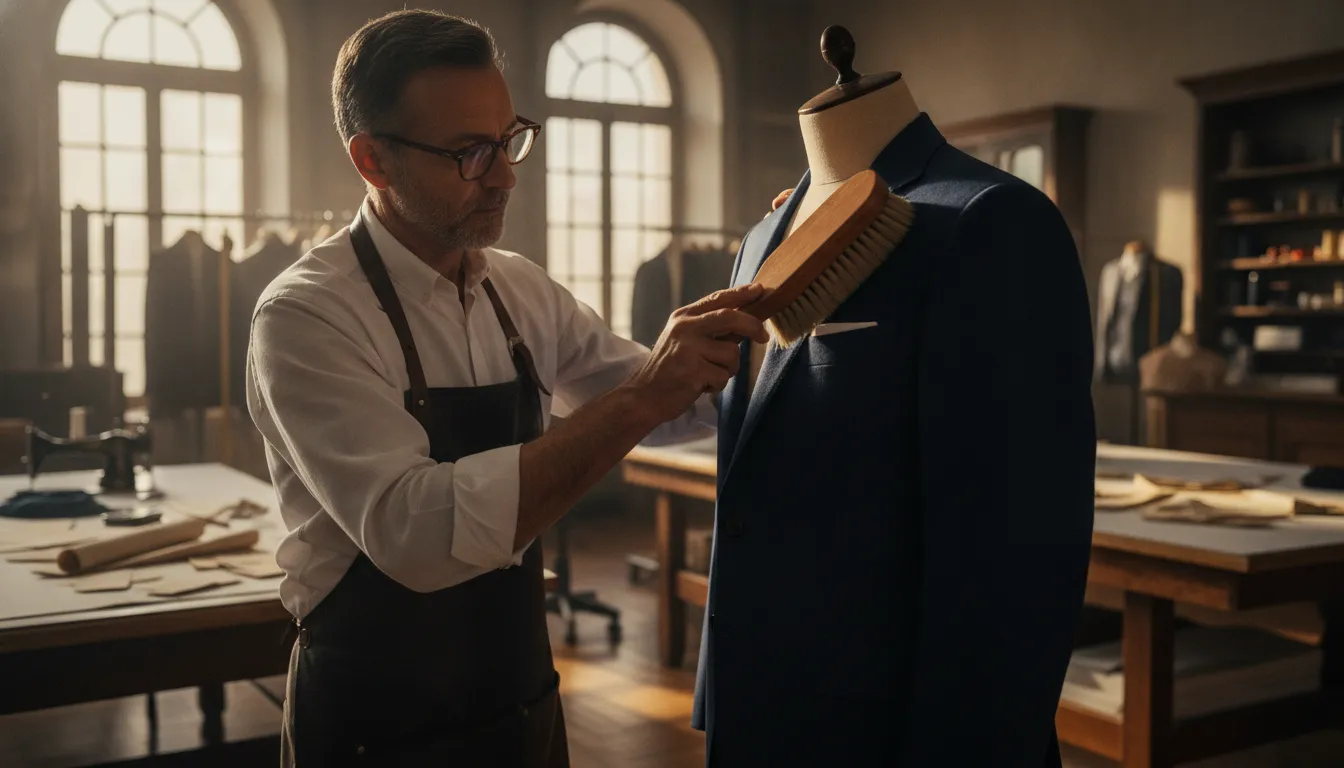 Master tailor brushing a premium wool suit with a horsehair brush in a sunlit atelier