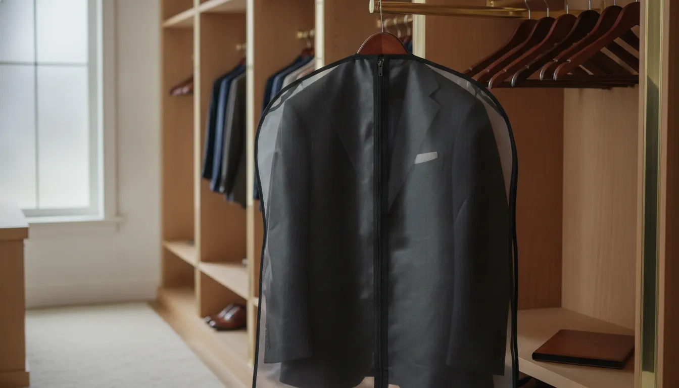Custom suit hanging on a wide wooden hanger in breathable storage