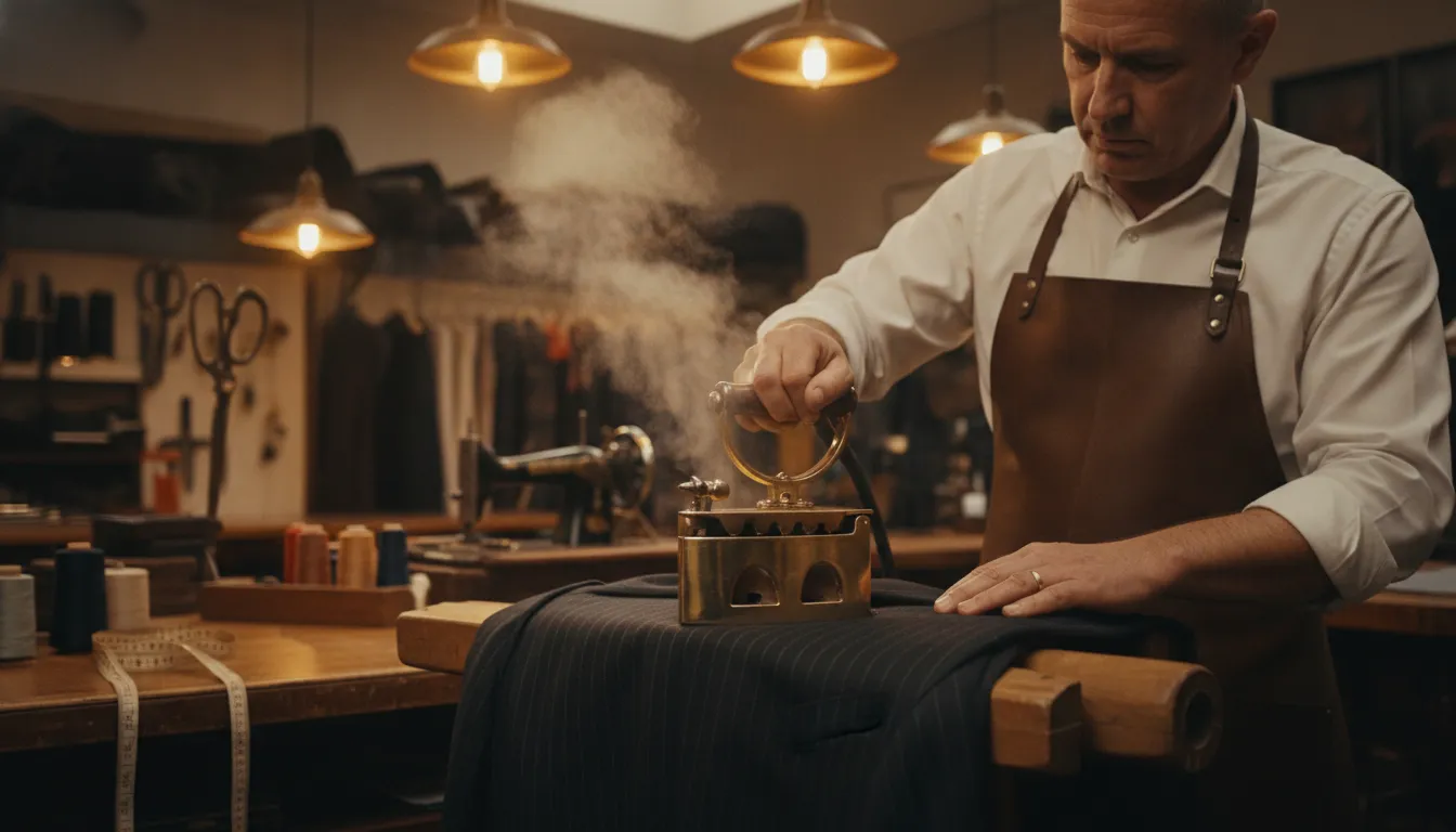 Tailor pressing and steaming a fine wool suit jacket in a bespoke atelier