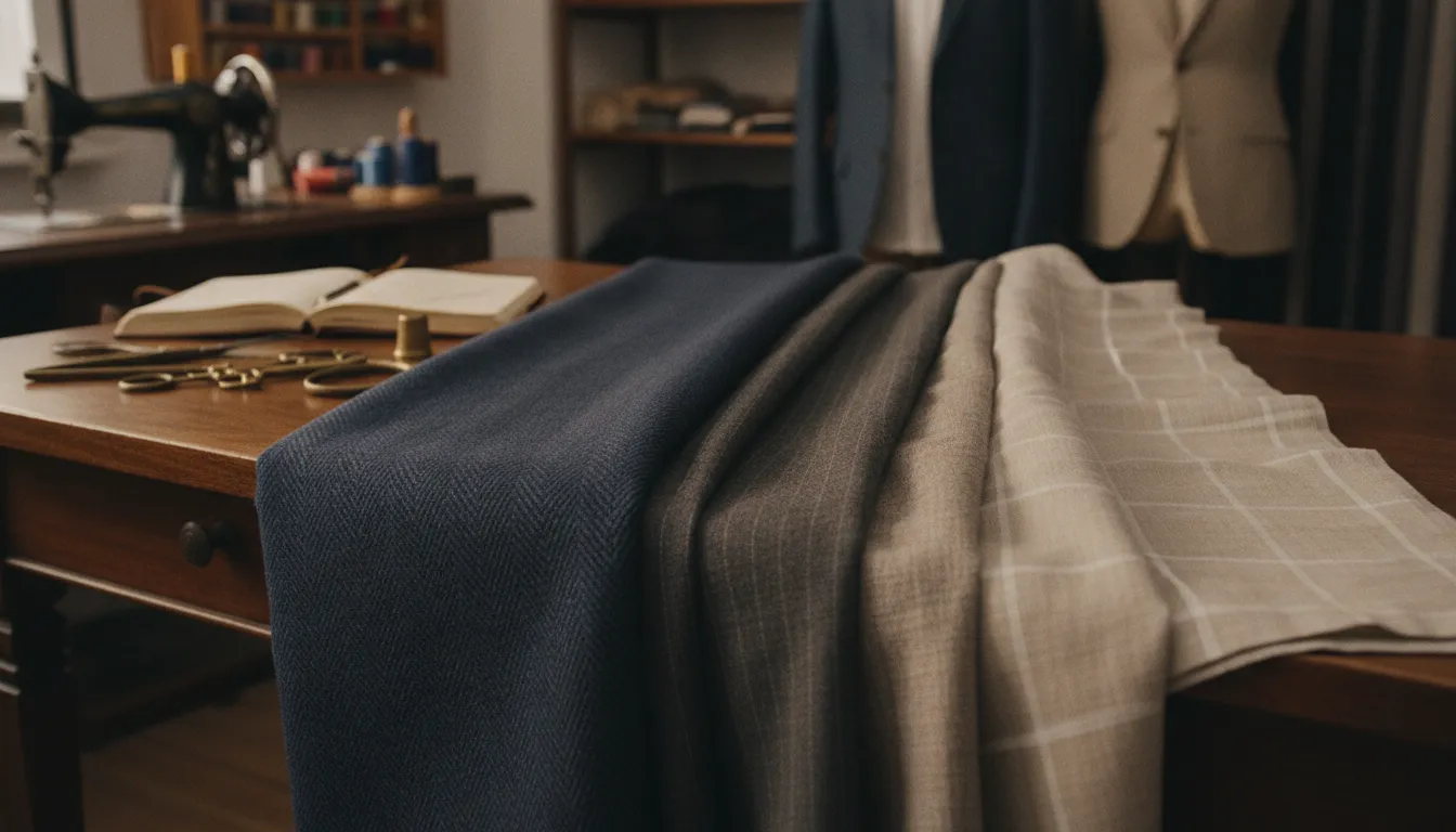 High-quality luxury wool and linen suit fabrics draped inside Trevor Furbay tailor shop