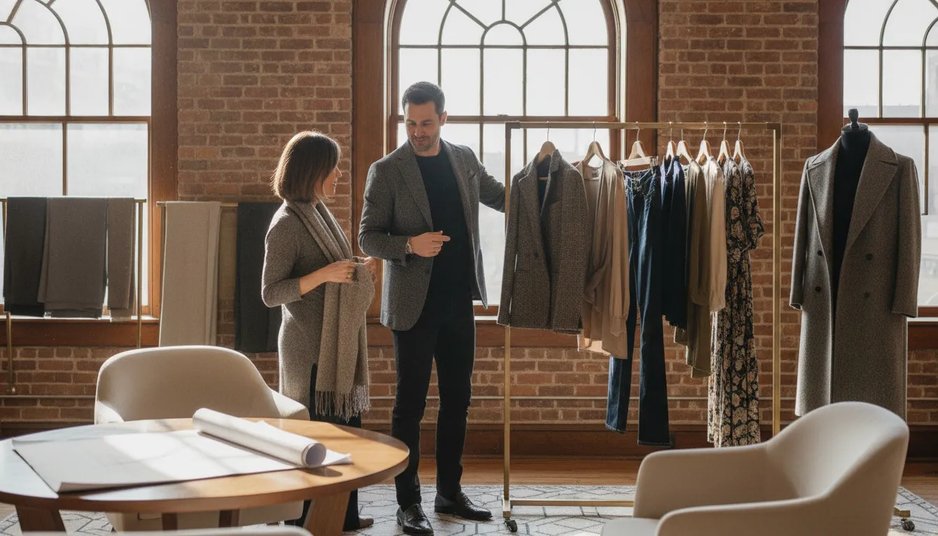 Trevor Furbay personal stylist showing a curated selection of premium garments to a client during a relaxed Cincinnati consultation