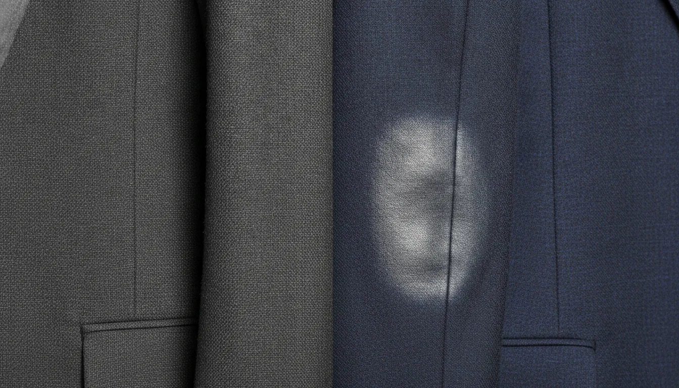 A comparison of shiny worn fabric on a suit elbow vs pristine matte wool