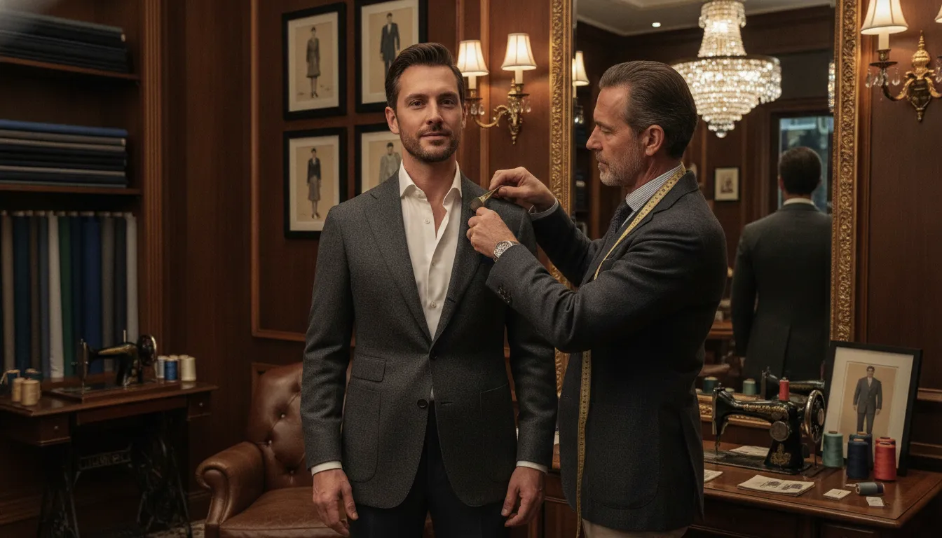 An expert tailor adjusting the shoulder fit of a custom suit in a luxury shop