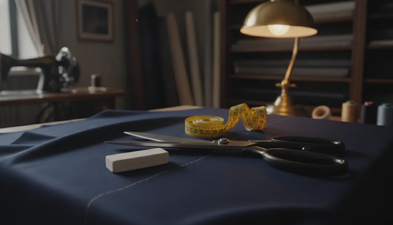 Bespoke tailors chalk and tools on navy blue suit fabric at Trevor Furbay