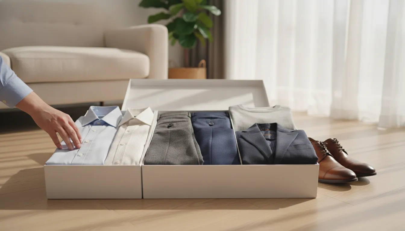 A curated StyleBox with folded premium shirts, trousers, and a blazer delivered to a client in Cincinnati