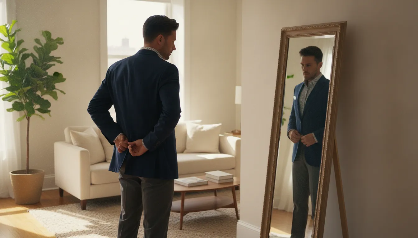 Client trying on a tailored blazer at home in natural light while reviewing the fit in a mirror