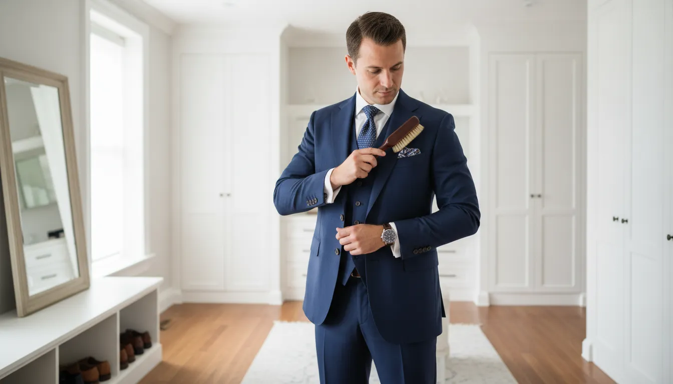 A polished professional carefully brushing the shoulders of a tailored navy suit jacket with a fine horsehair suit brush