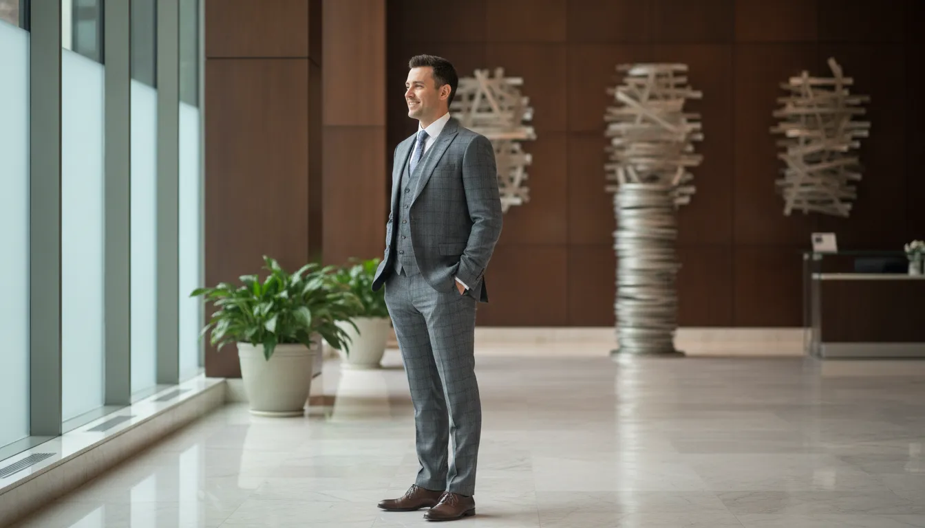 Professional wearing a glen plaid suit in a business setting