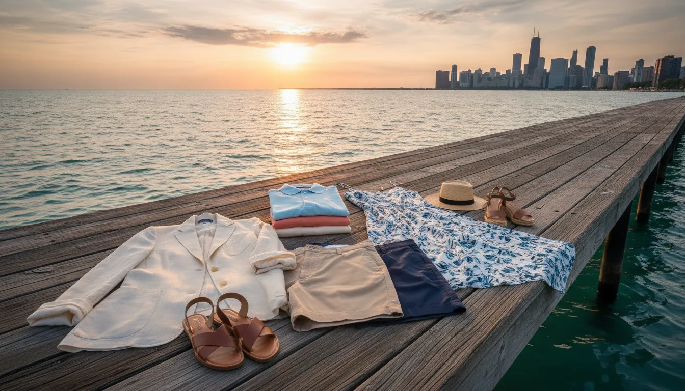 A curated summer capsule wardrobe with linen blazer, polos, shorts, and sundress arranged casually overlooking Lake Michigan
