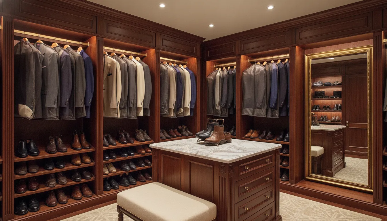 Luxury custom suits in breathable garment bags arranged in an elegant walk-in closet with cedar shelves and wooden hangers