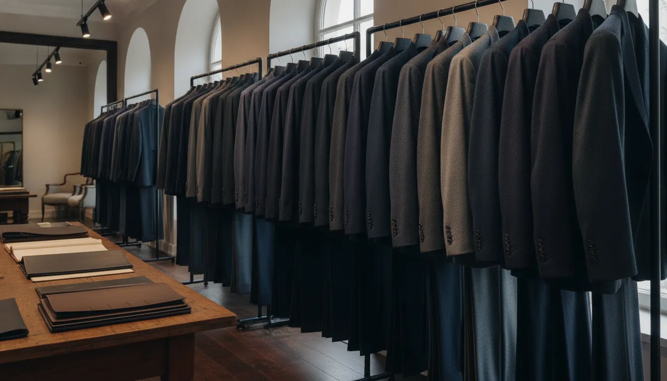 Rack of tailored navy, charcoal and grey suits in a refined atelier