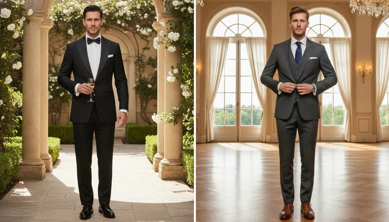 Side by side comparison of a groom in a custom tailored tuxedo with satin lapels next to a groom in a sharp tailored suit in an elegant wedding venue