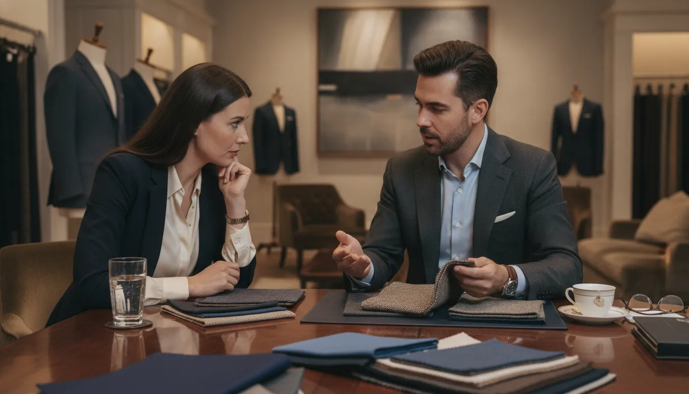 Style consultant discussing wardrobe options with a professional client