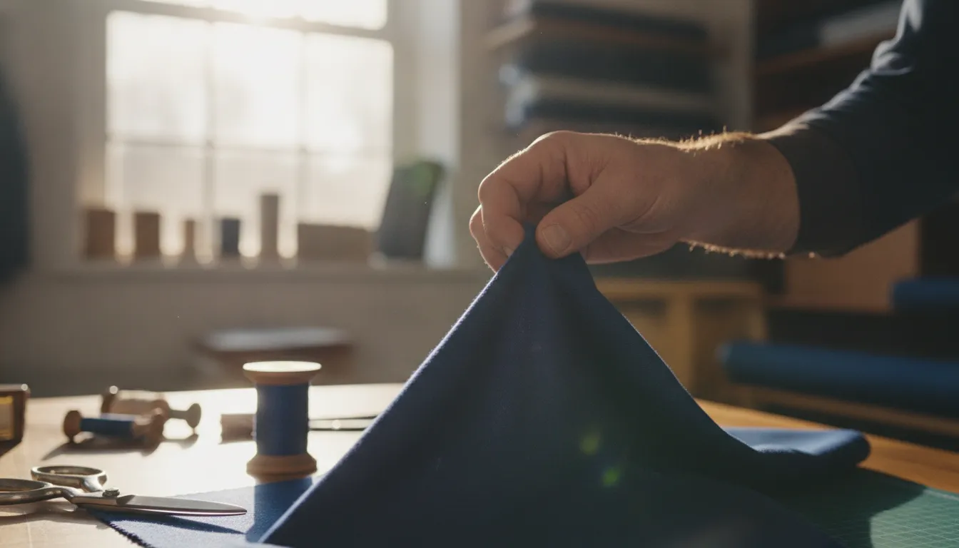 Tailor inspecting a wool fabric swatch in a bright atelier