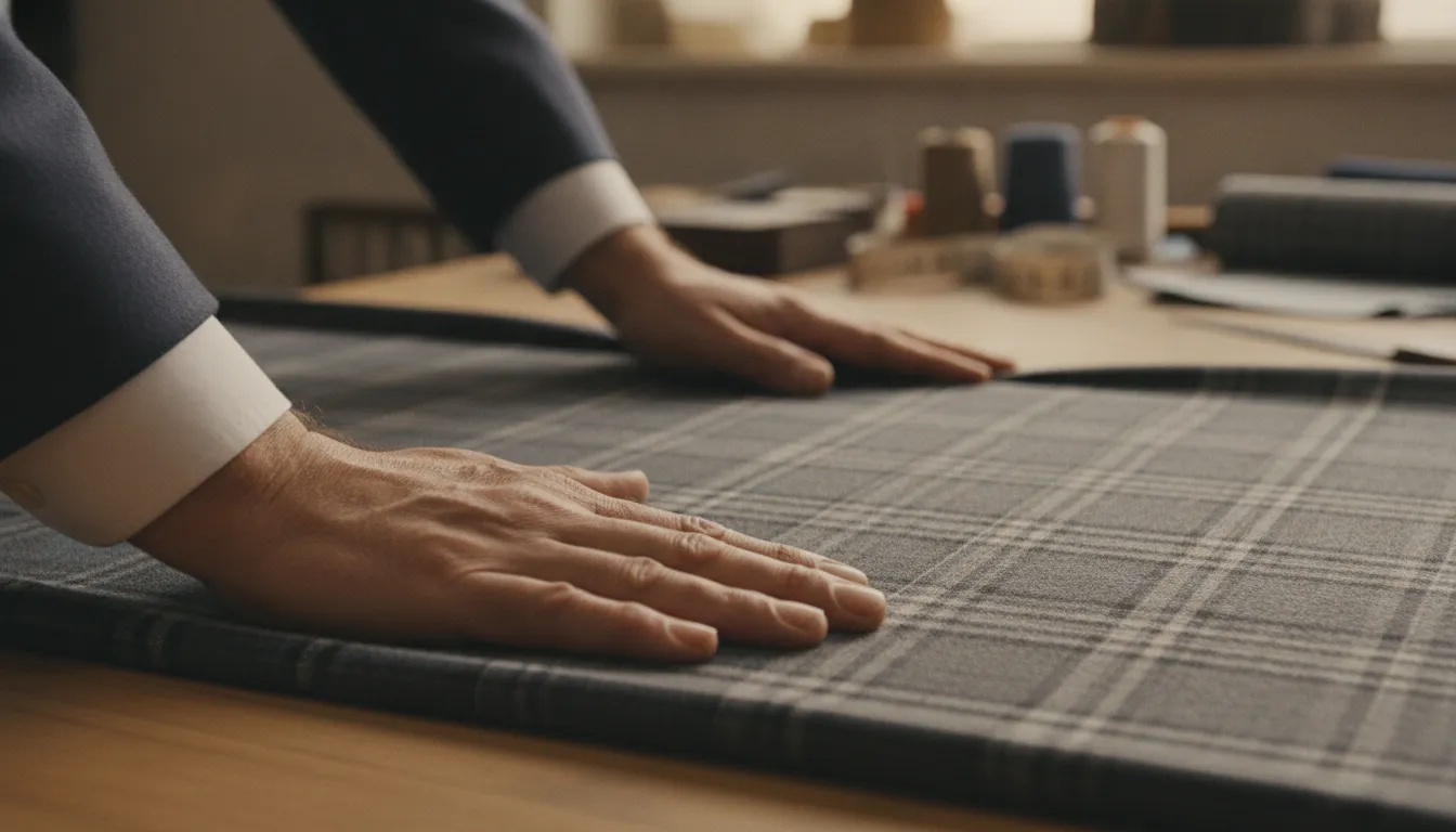 Close detail of a glen plaid suiting fabric