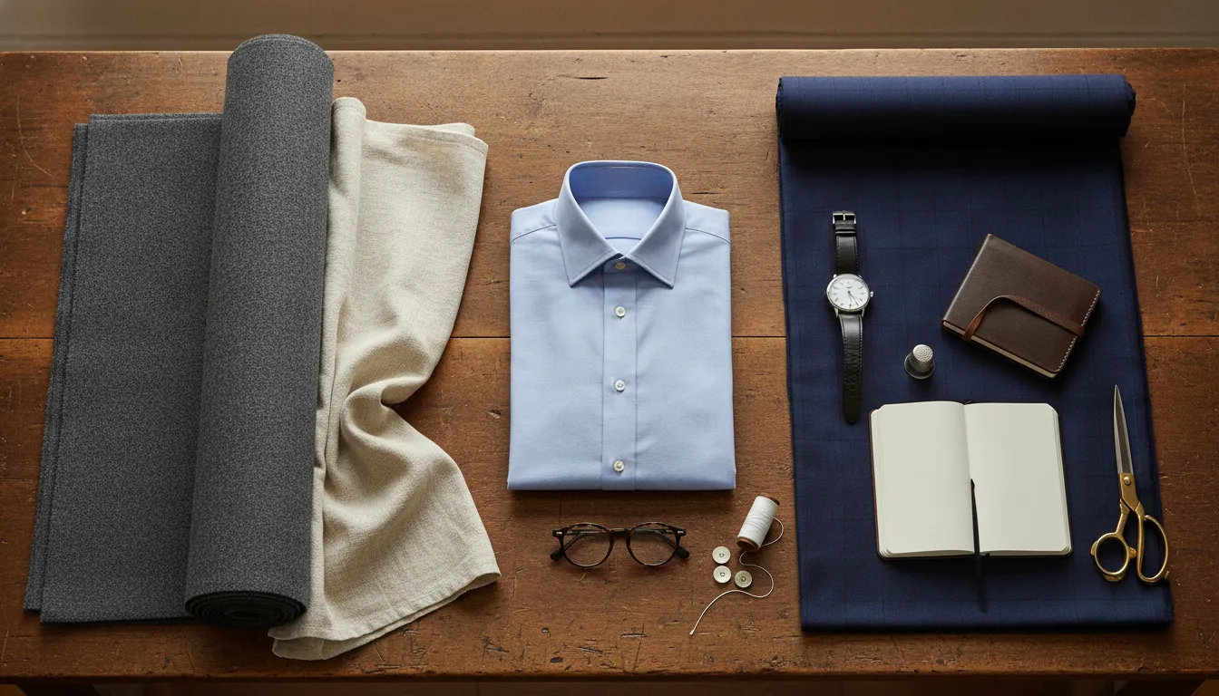 Tailoring details arranged with a suit jacket and measuring tape