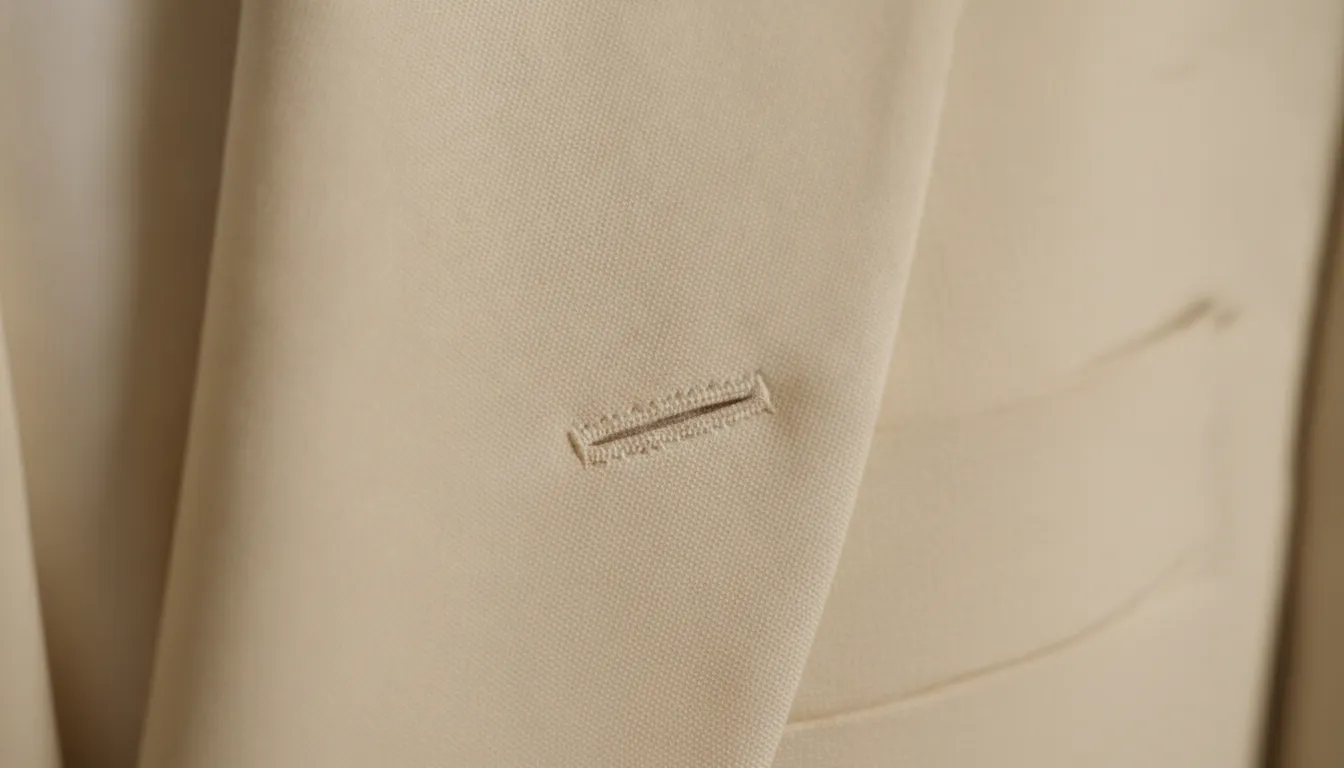 Close-up of off-white ivory dinner jacket fabric with a peak lapel detail