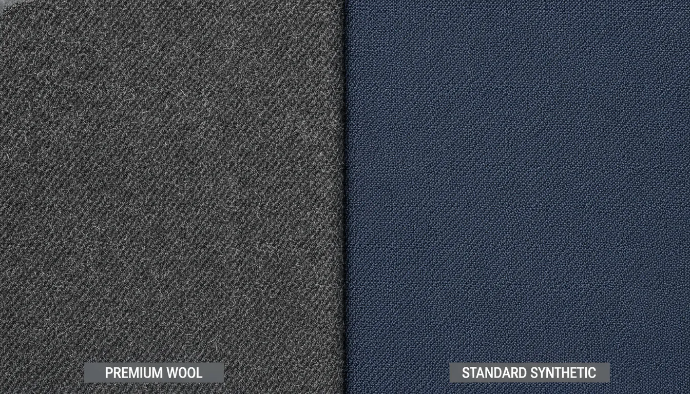 Premium wool suiting fabric next to a synthetic off-the-rack blend showing the difference in weave quality and texture