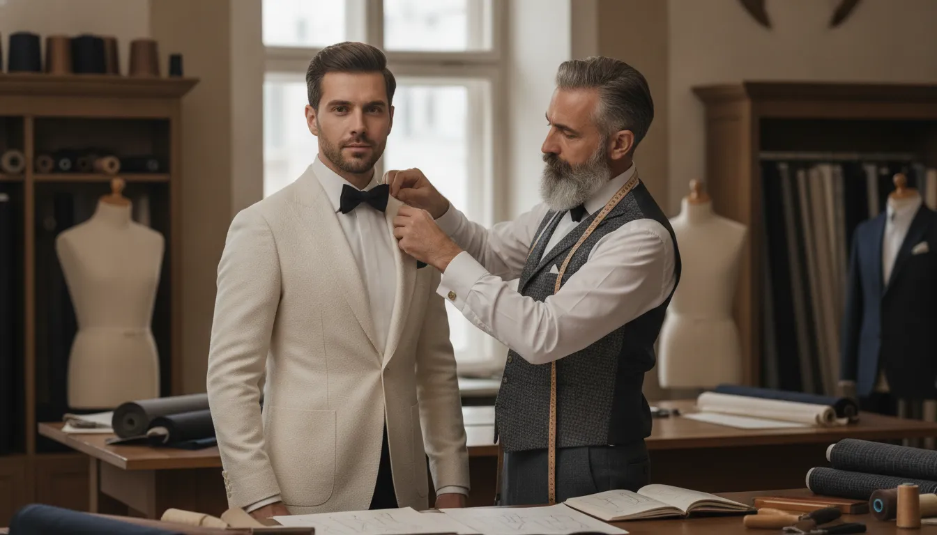 Master tailor fitting a custom off white dinner jacket on a client in a bespoke atelier