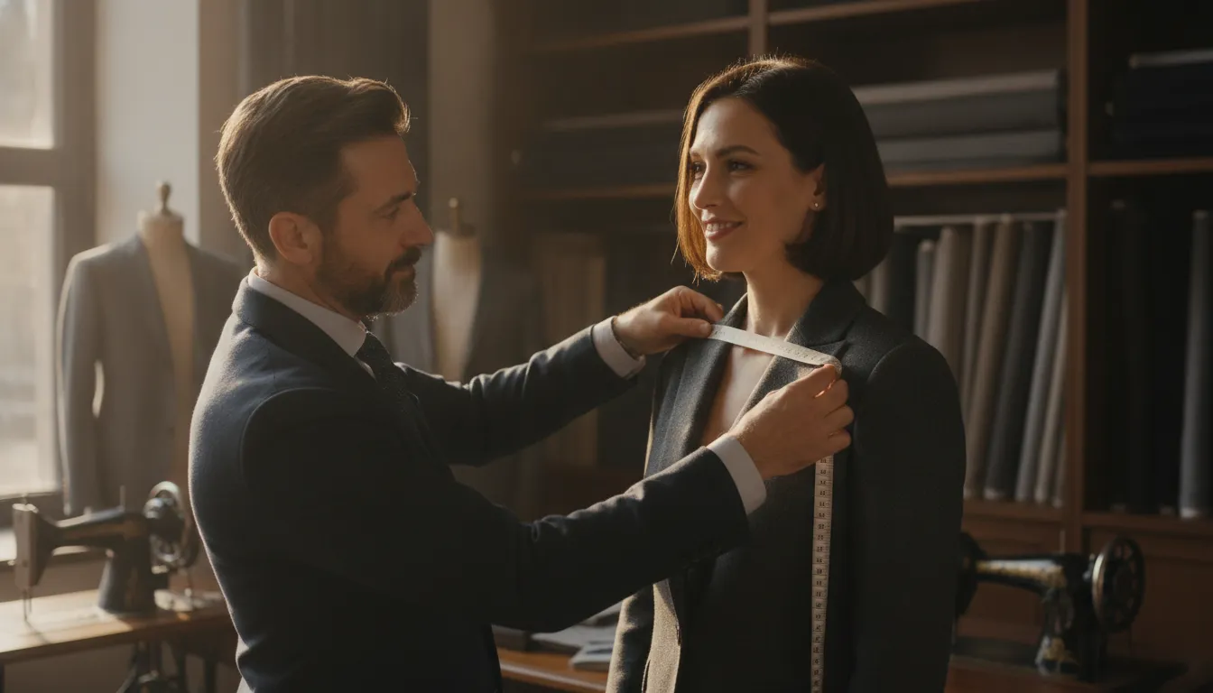 Tailor checking the fit and proportions of a tailored jacket on a client