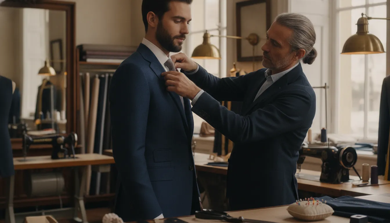 Tailor checking the shoulder and sleeve of a navy suit jacket