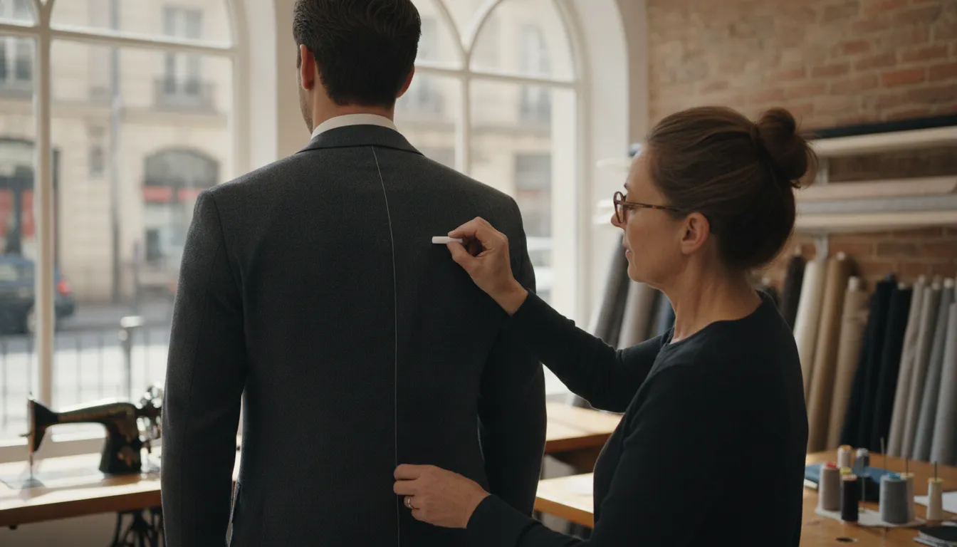 Tailor marking a fit line on a man's suit jacket during a fitting