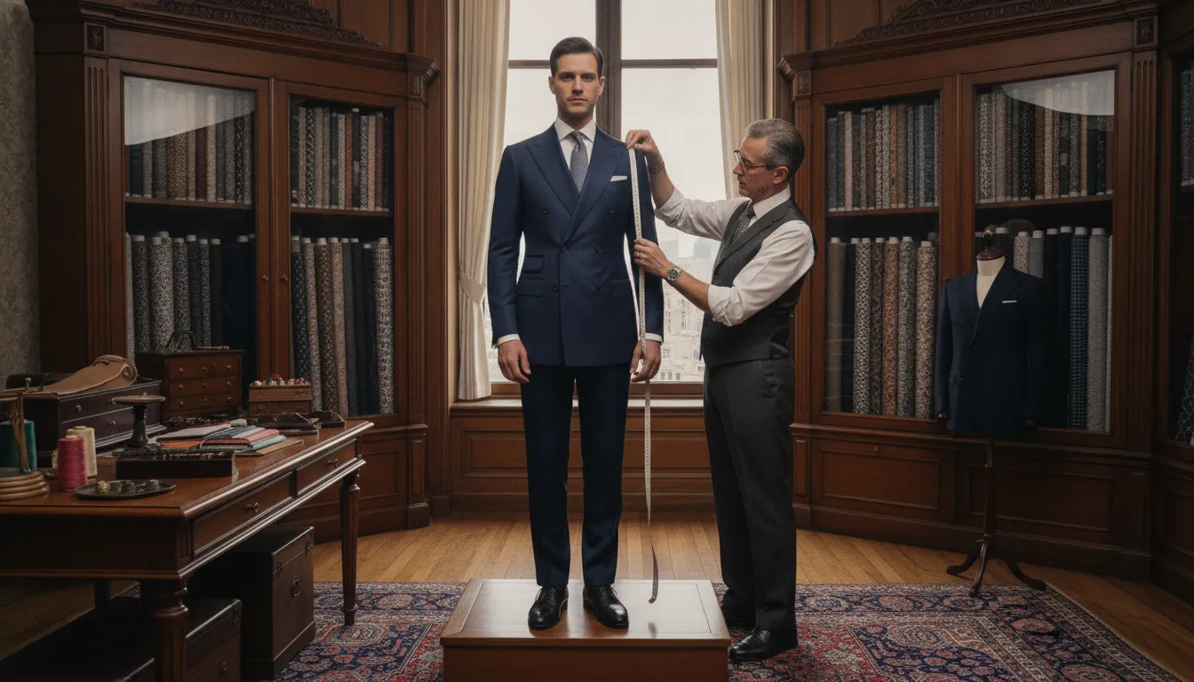 A tailor measuring a custom suit in a luxury showroom with fabric swatches and professional fitting tools