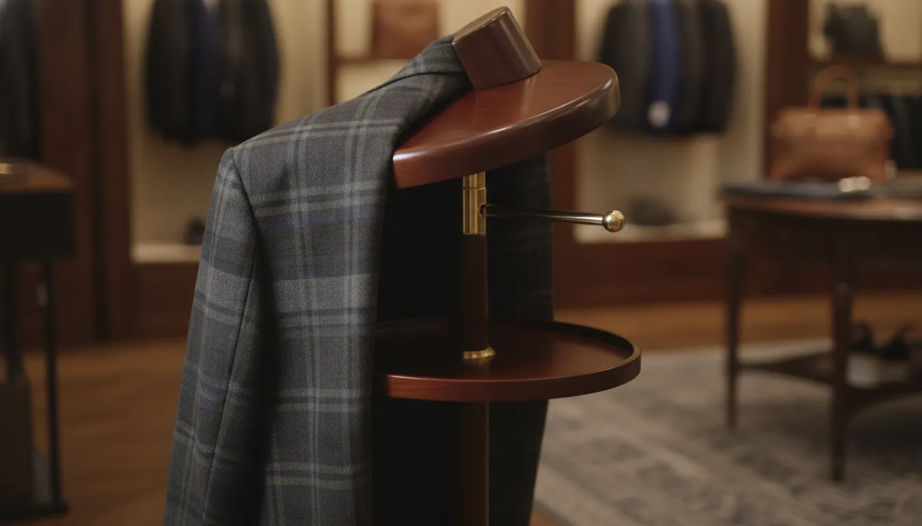 Glen plaid jacket resting on a valet