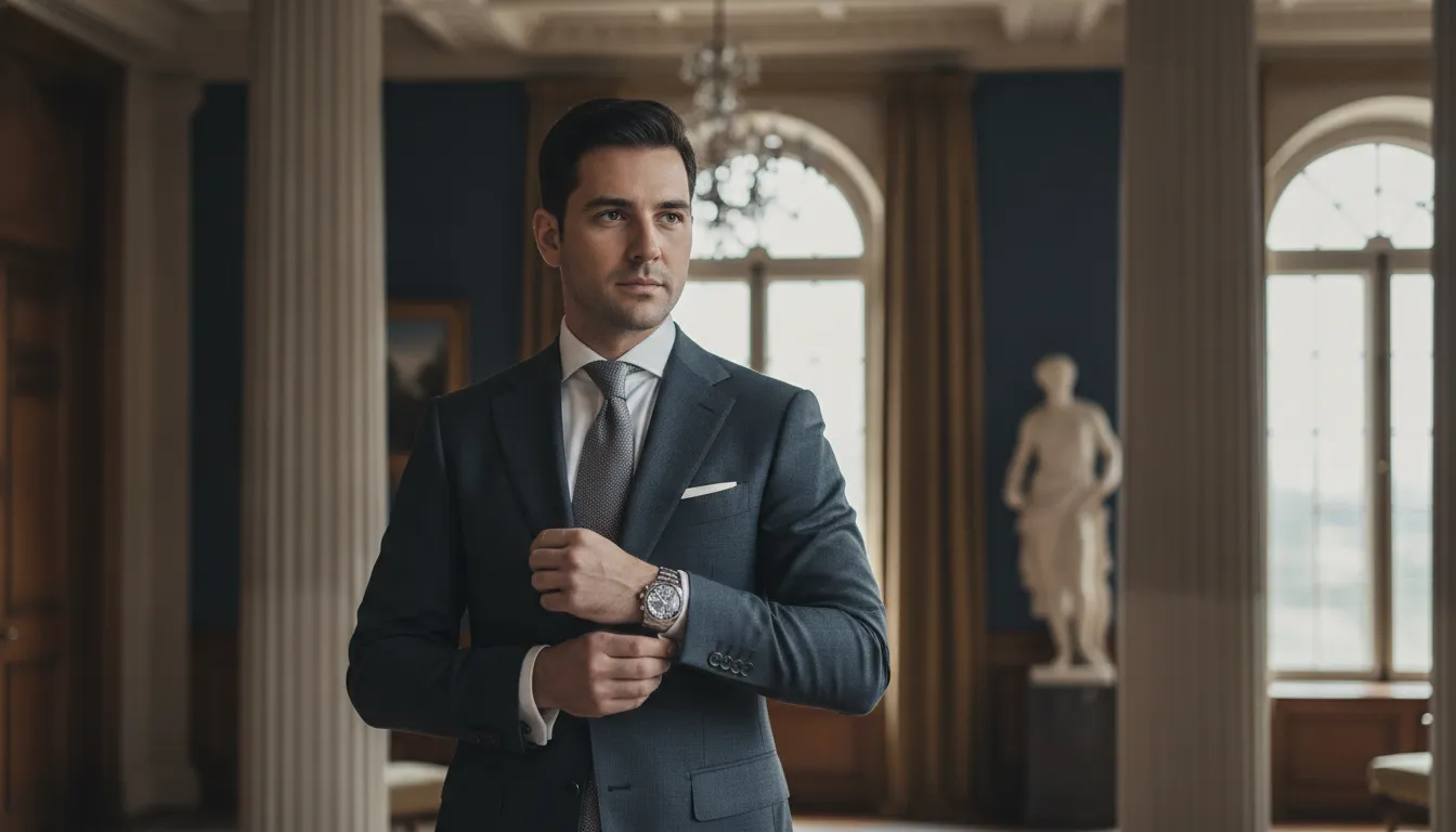 Man adjusting a cuff and pocket square before a formal event