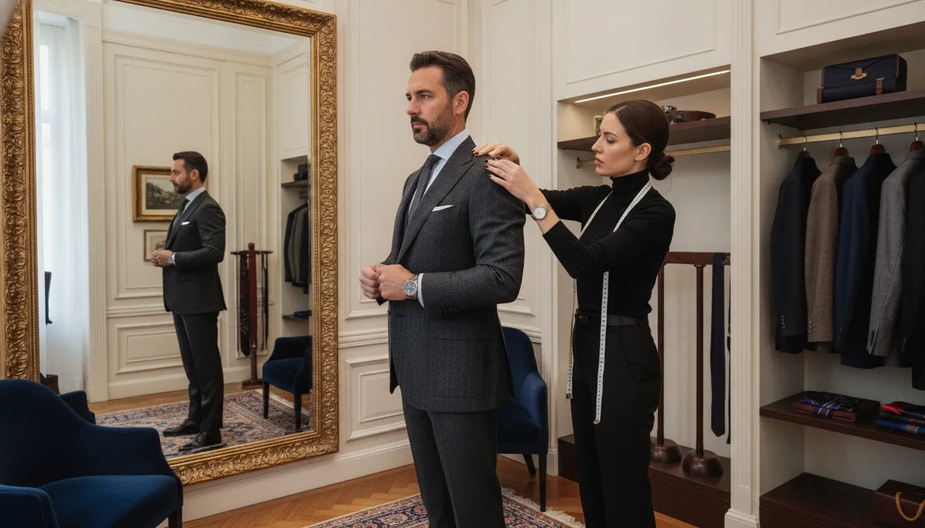 Professional reviewing a coordinated wardrobe with a style consultant