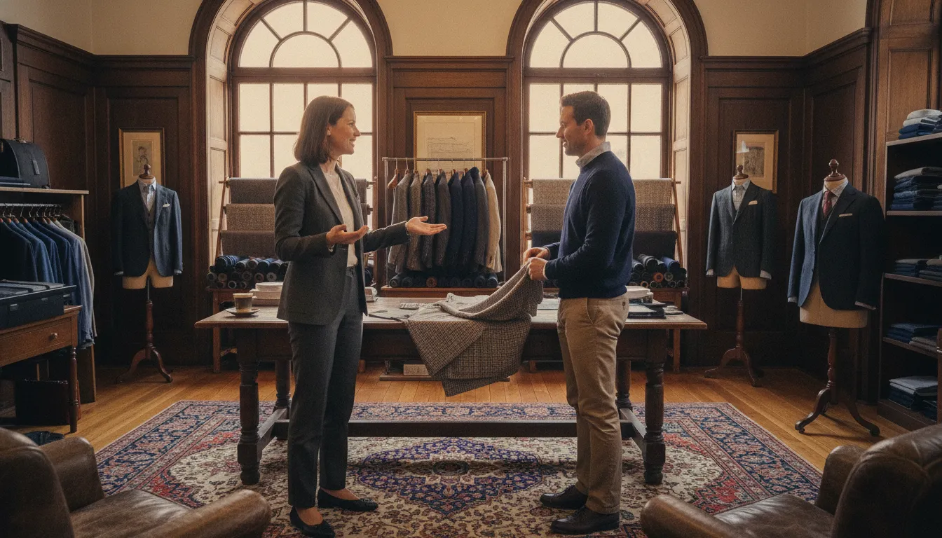 Personal stylist consulting with a client over fabric choices in a warm boutique setting